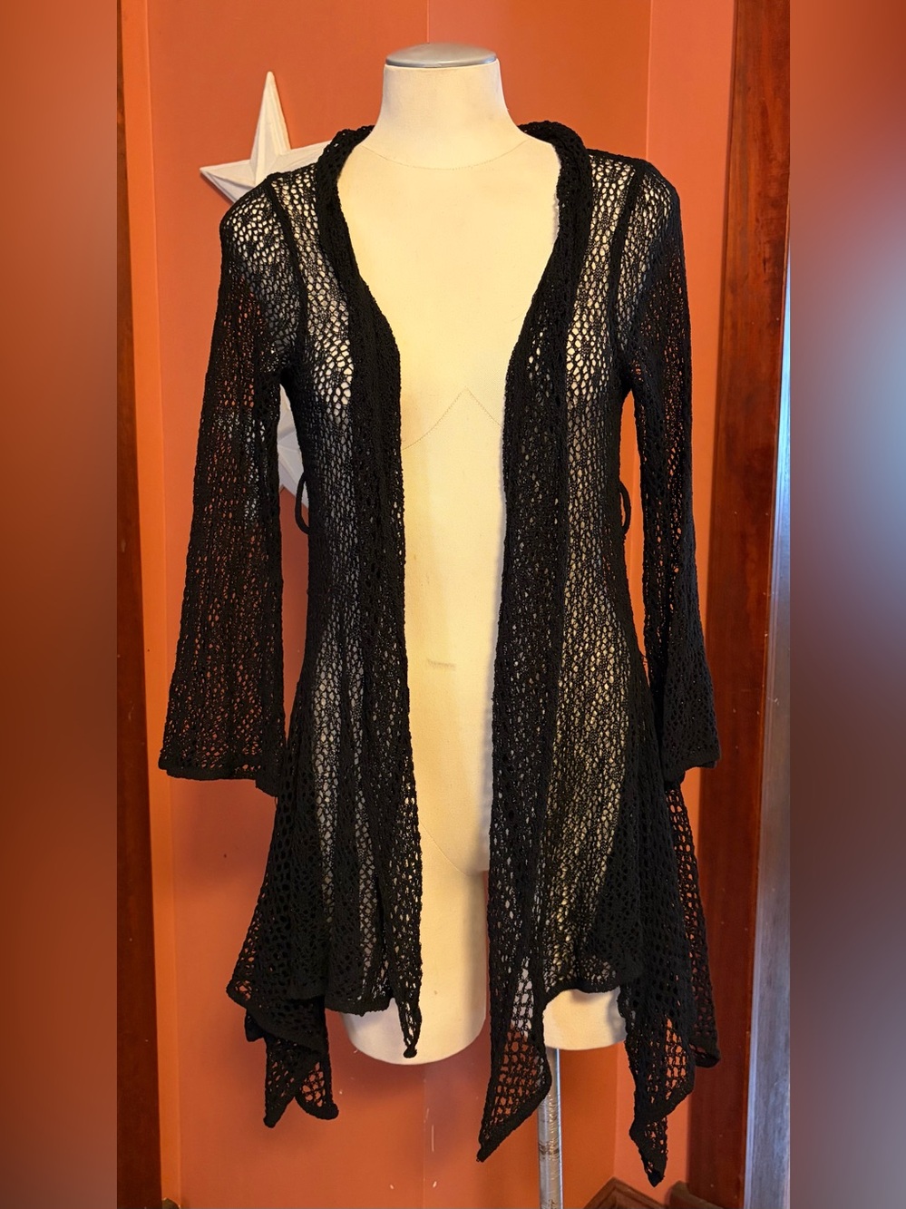 Runway Paris Black Crochet Open-Front Duster Cardigan